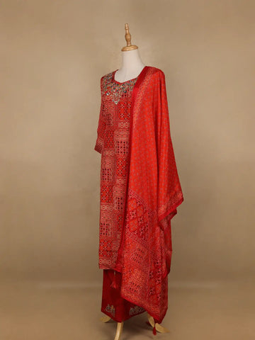 Dark Red Abstract Printed Semi Silk Salwar Suit - Diadem