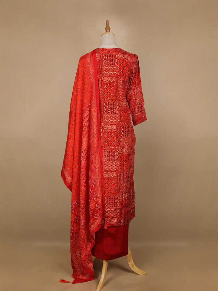 Dark Red Abstract Printed Semi Silk Salwar Suit - Diadem