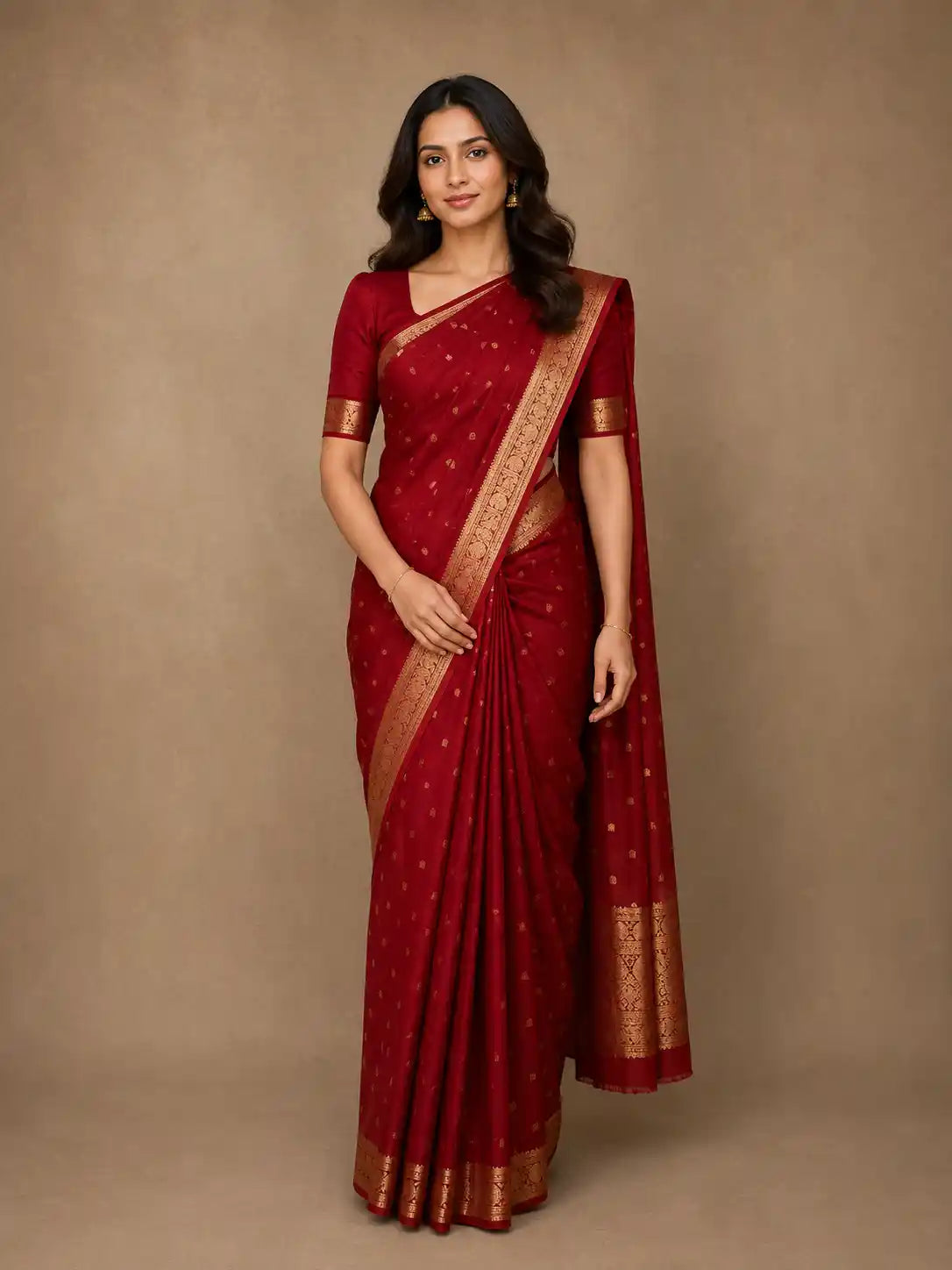 Dark Red Butta Zari Woven Design Kanchipuram Silk Saree with Paisley Zari Border