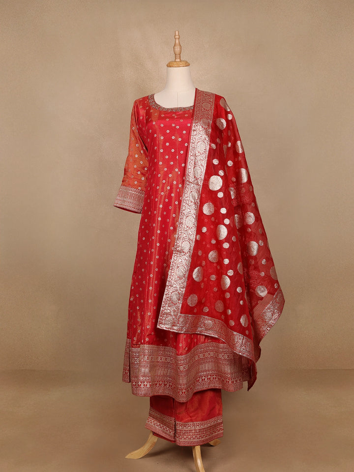 Dark Red Floral Butta Banarasi Anarkali Salwar suit - Diadem