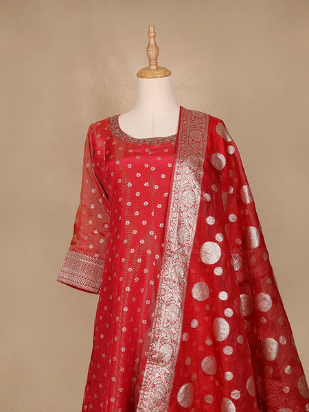 Dark Red Floral Butta Banarasi Anarkali Salwar suit - Diadem