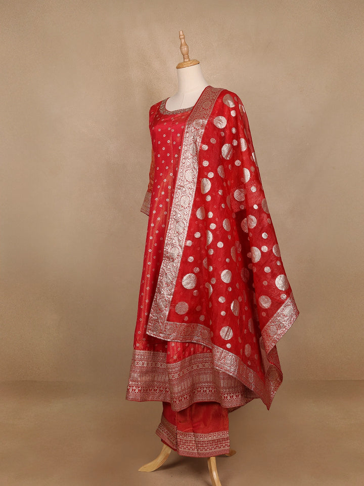 Dark Red Floral Butta Banarasi Anarkali Salwar suit - Diadem