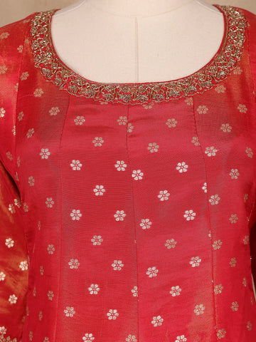 Dark Red Floral Butta Banarasi Anarkali Salwar suit - Diadem
