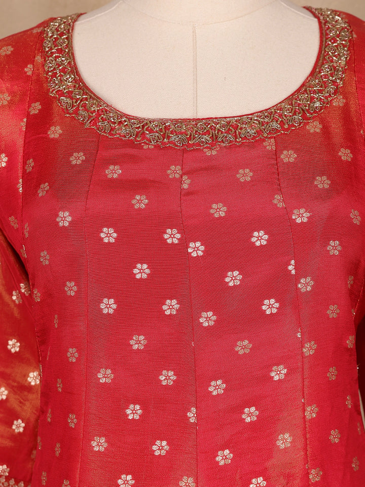 Dark Red Floral Butta Banarasi Anarkali Salwar suit - Diadem