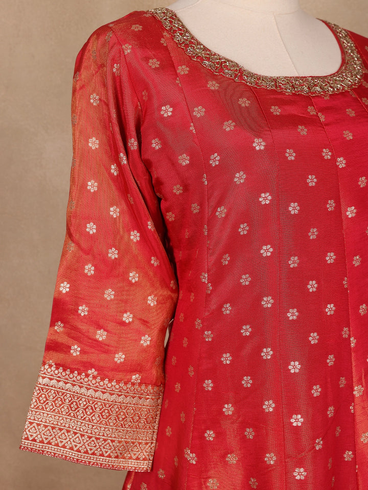 Dark Red Floral Butta Banarasi Anarkali Salwar suit - Diadem