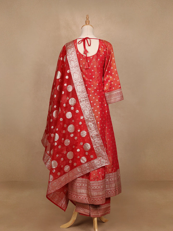 Dark Red Floral Butta Banarasi Anarkali Salwar suit - Diadem