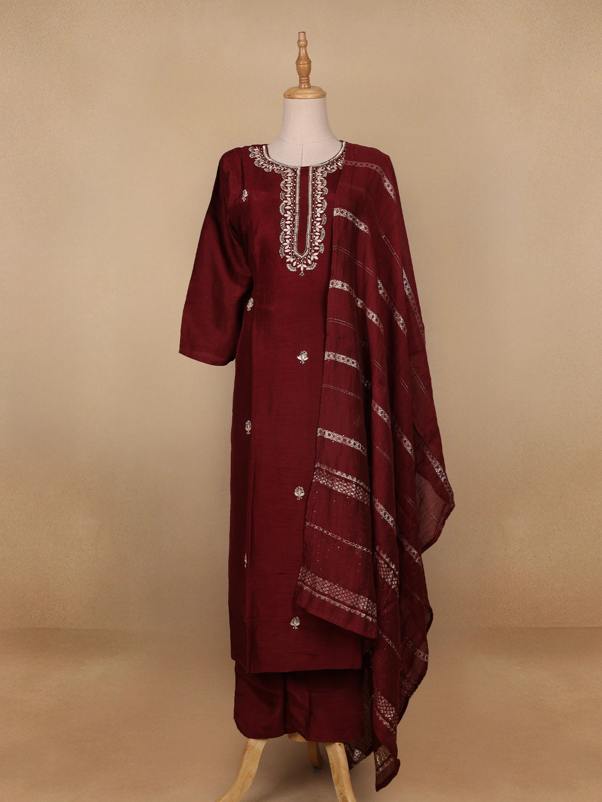 Dark Red Floral Designed Semi Silk Salwar Suit - Diadem