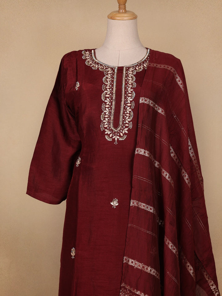 Dark Red Floral Designed Semi Silk Salwar Suit - Diadem