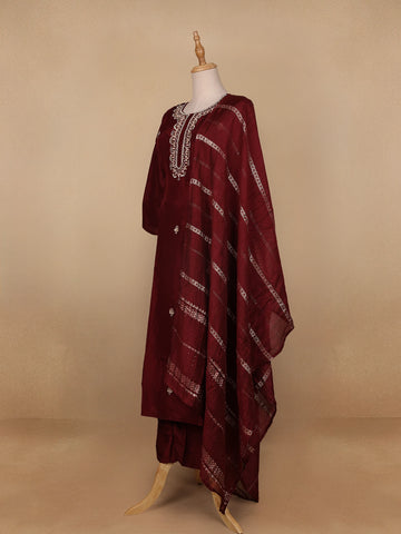 Dark Red Floral Designed Semi Silk Salwar Suit - Diadem