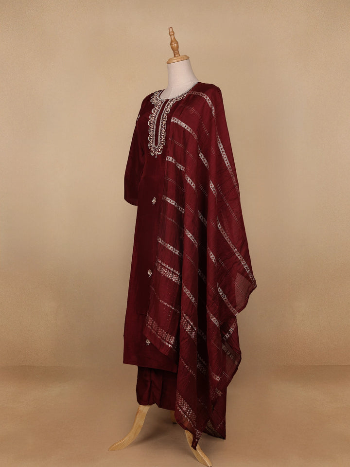 Dark Red Floral Designed Semi Silk Salwar Suit - Diadem