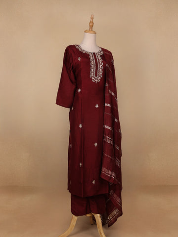 Dark Red Floral Designed Semi Silk Salwar Suit - Diadem