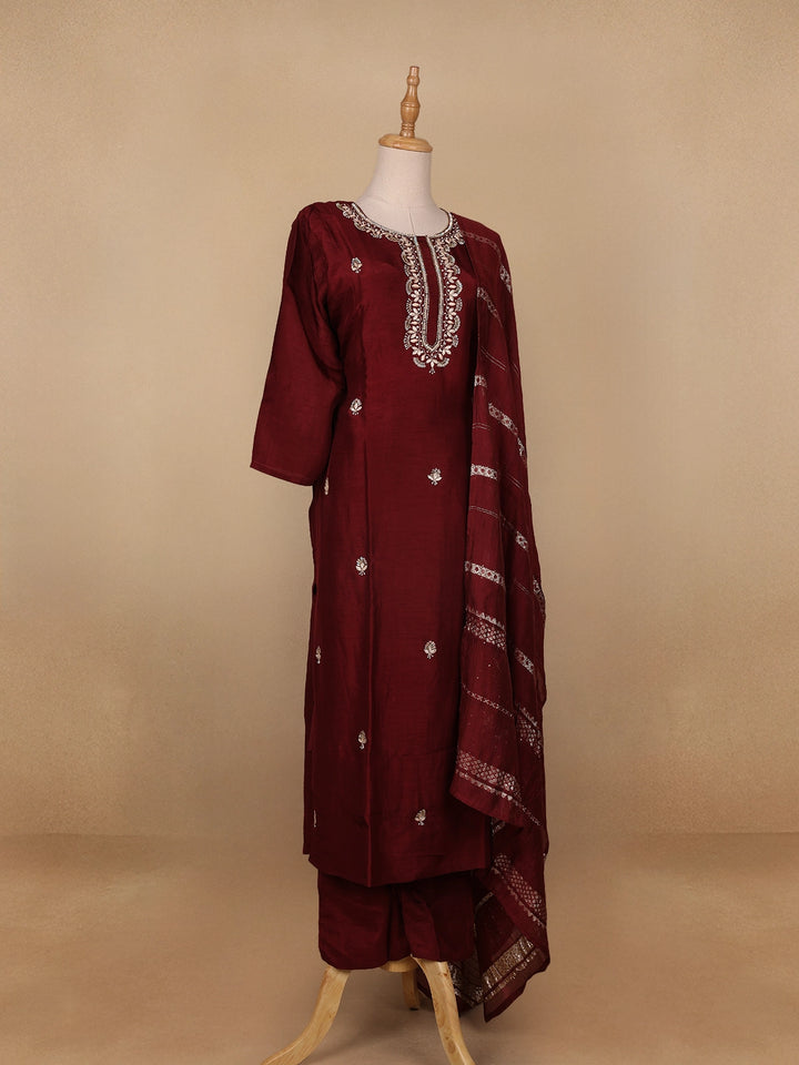 Dark Red Floral Designed Semi Silk Salwar Suit - Diadem
