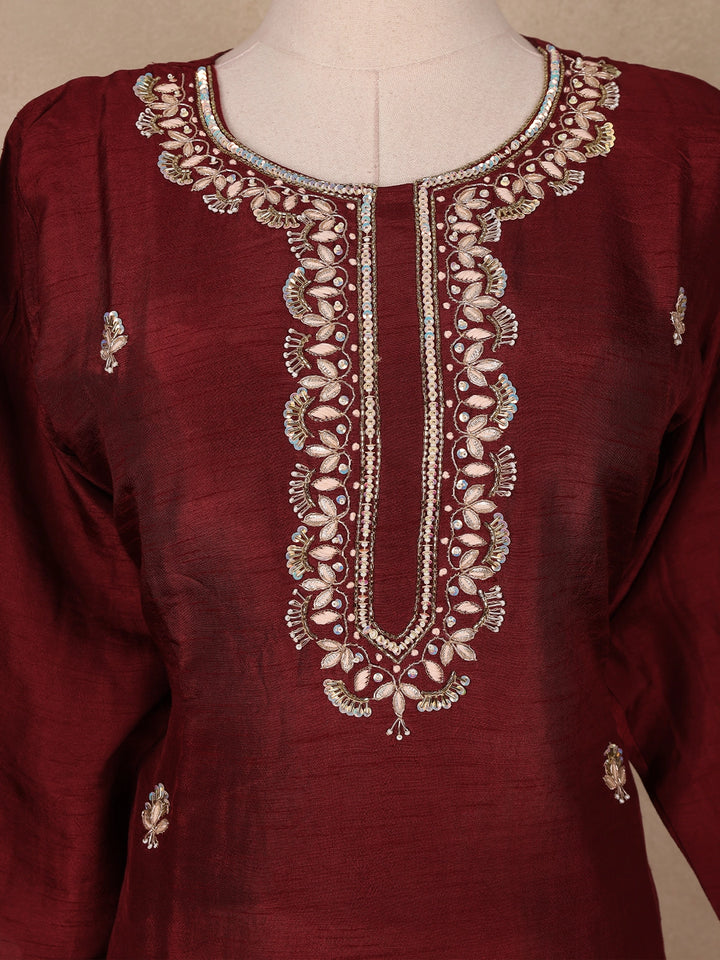 Dark Red Floral Designed Semi Silk Salwar Suit - Diadem