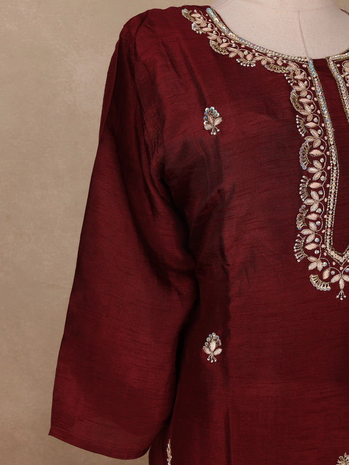Dark Red Floral Designed Semi Silk Salwar Suit - Diadem