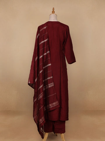 Dark Red Floral Designed Semi Silk Salwar Suit - Diadem
