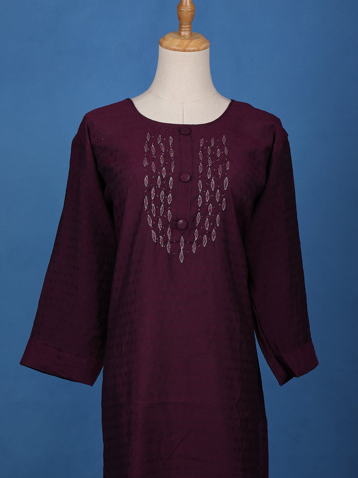 Dark Red Floral Designed Cotton Kurti - Diadem