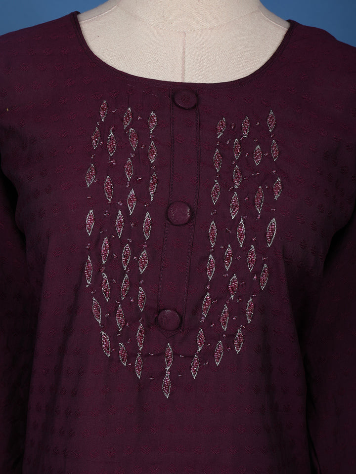 Dark Red Floral Designed Cotton Kurti - Diadem