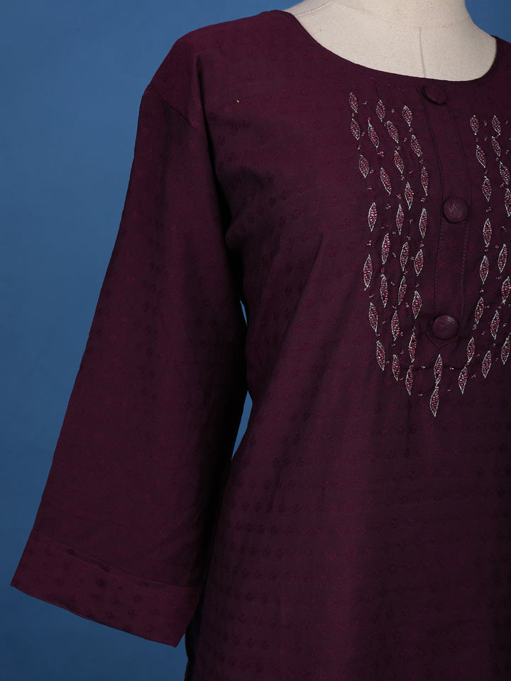 Dark Red Floral Designed Cotton Kurti - Diadem