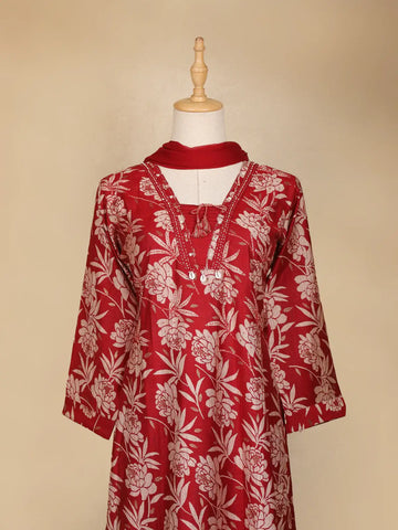 Dark Red Floral Designed Cotton Salwar Suit - Diadem