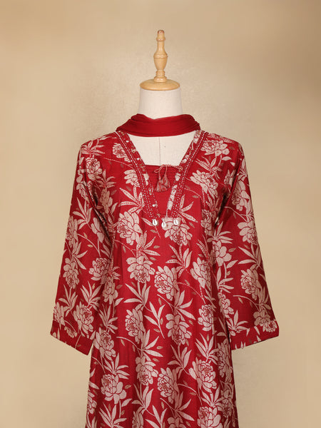 Dark Red Floral Designed Cotton Salwar Suit - Diadem