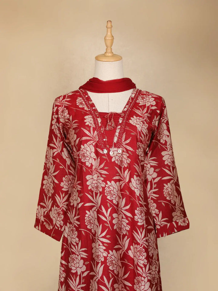 Dark Red Floral Designed Cotton Salwar Suit - Diadem