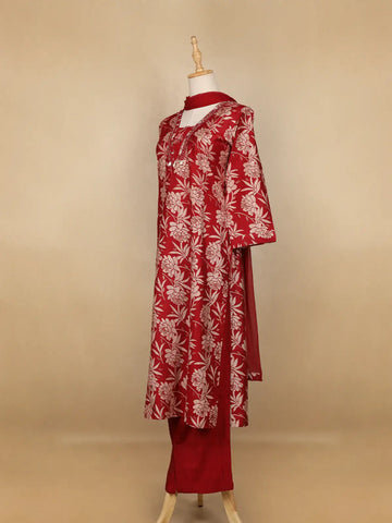 Dark Red Floral Designed Cotton Salwar Suit - Diadem