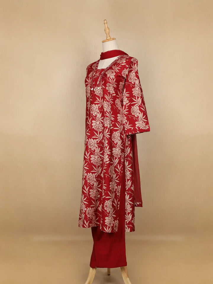Dark Red Floral Designed Cotton Salwar Suit - Diadem