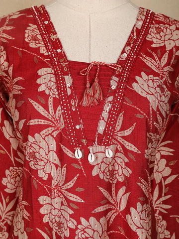 Dark Red Floral Designed Cotton Salwar Suit - Diadem