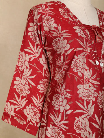 Dark Red Floral Designed Cotton Salwar Suit - Diadem