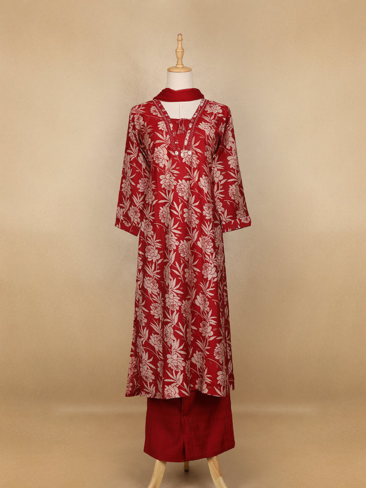 Dark Red Floral Designed Cotton Salwar Suit - Diadem
