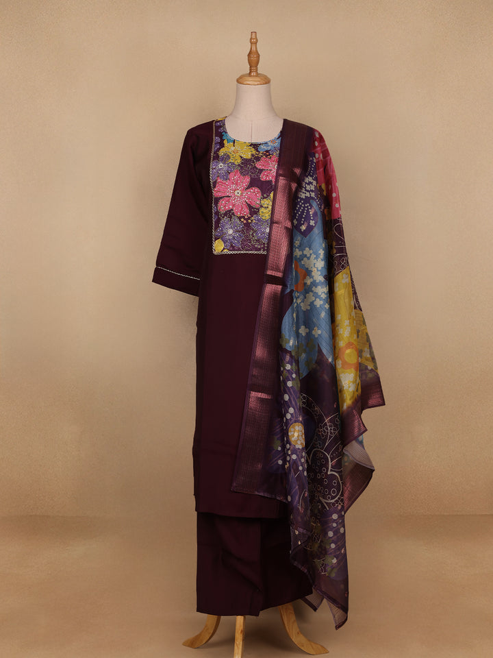 Dark Red Floral Designed Cotton Salwar Suit - Diadem