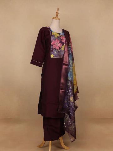 Dark Red Floral Designed Cotton Salwar Suit - Diadem