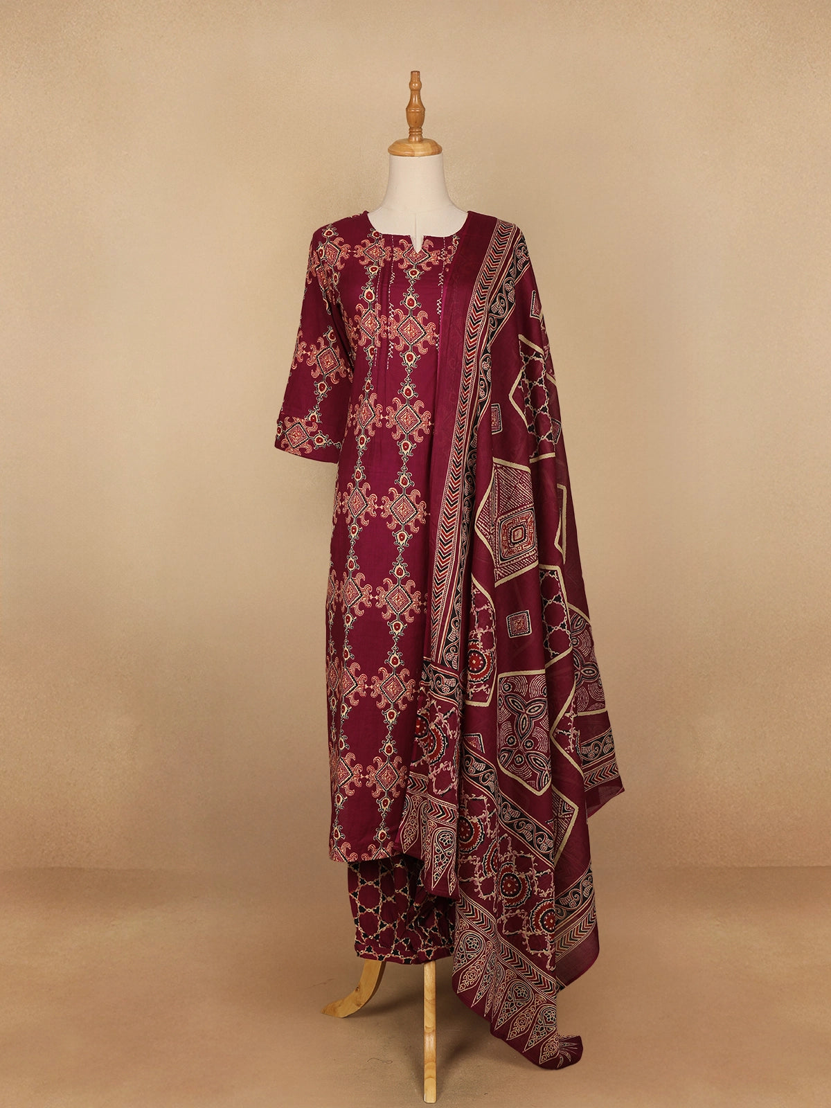 Dark Red Floral Designed Cotton Straight Cut Salwar Suit