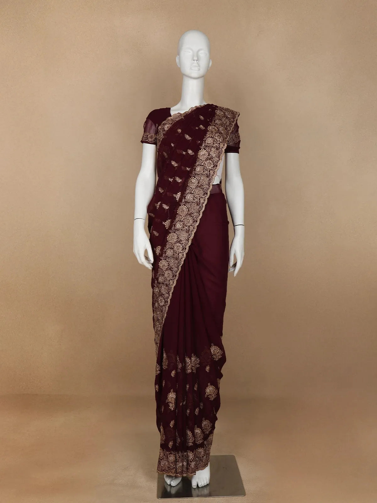 Dark Red Floral Designed Georgette Fancy Saree - Diadem