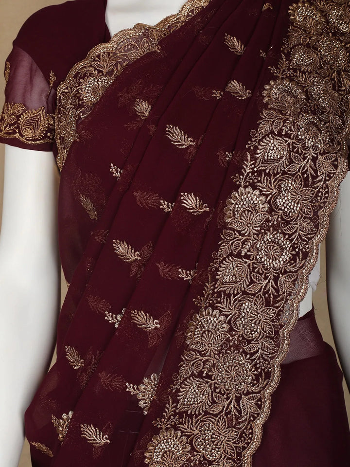 Dark Red Floral Designed Georgette Fancy Saree - Diadem