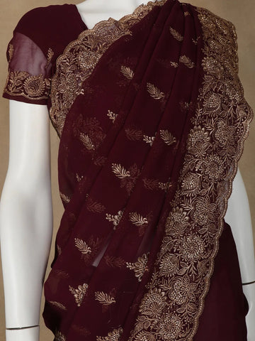 Dark Red Floral Designed Georgette Fancy Saree - Diadem
