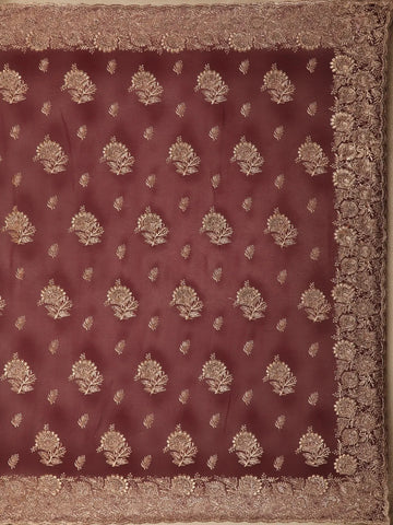 Dark Red Floral Designed Georgette Fancy Saree - Diadem