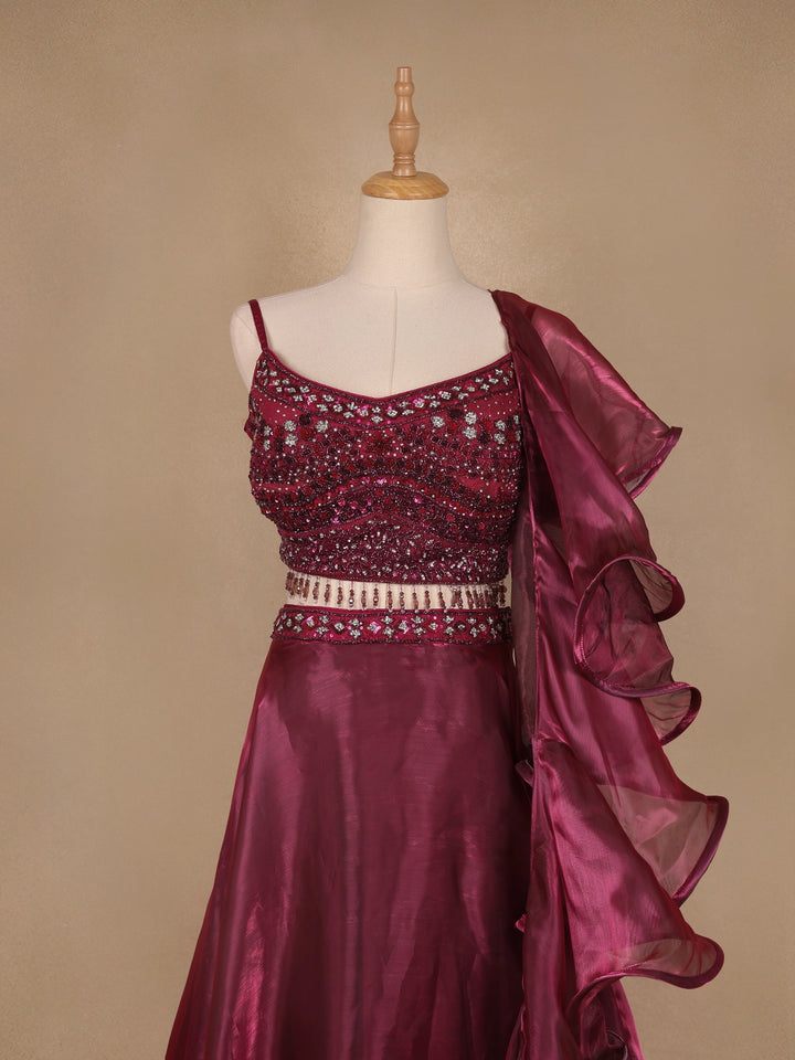 Dark Red Floral Designed Organza Bridesmaid Lehenga - Diadem