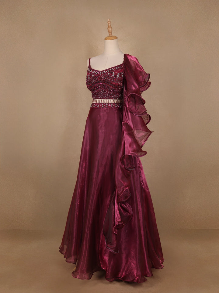Dark Red Floral Designed Organza Bridesmaid Lehenga - Diadem
