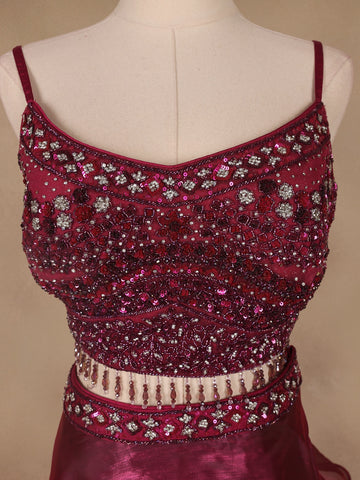 Dark Red Floral Designed Organza Bridesmaid Lehenga - Diadem
