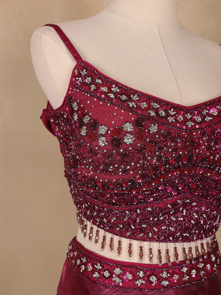 Dark Red Floral Designed Organza Bridesmaid Lehenga - Diadem