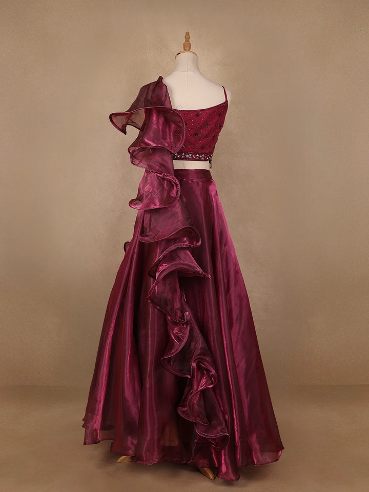 Dark Red Floral Designed Organza Bridesmaid Lehenga - Diadem