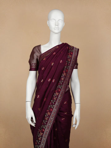 Dark Red Floral Designed Raw Silk Saree - Diadem
