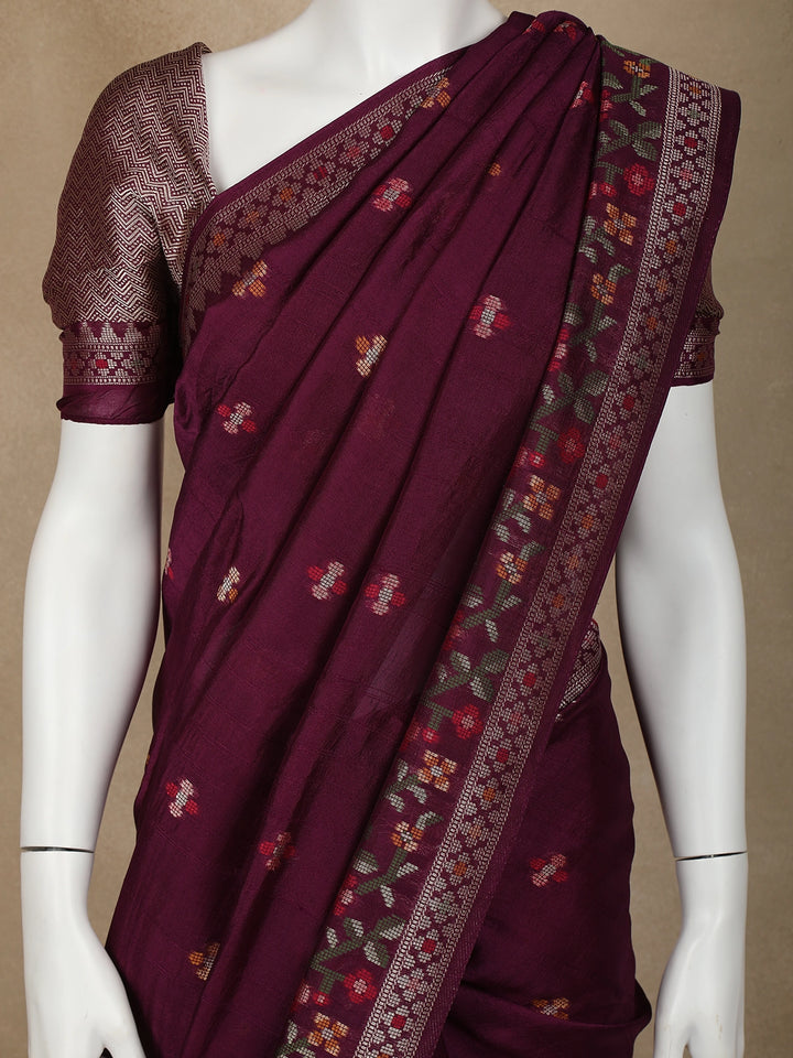 Dark Red Floral Designed Raw Silk Saree - Diadem