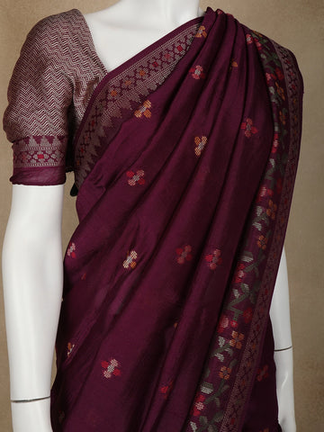 Dark Red Floral Designed Raw Silk Saree - Diadem