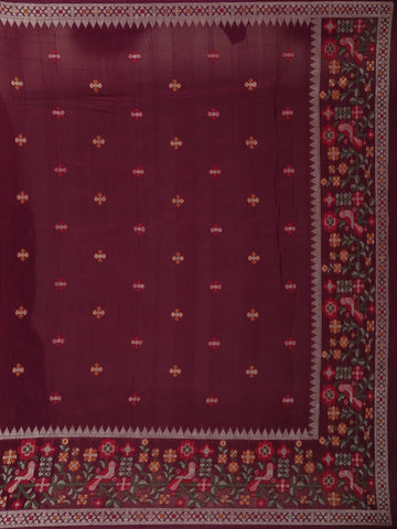 Dark Red Floral Designed Raw Silk Saree - Diadem