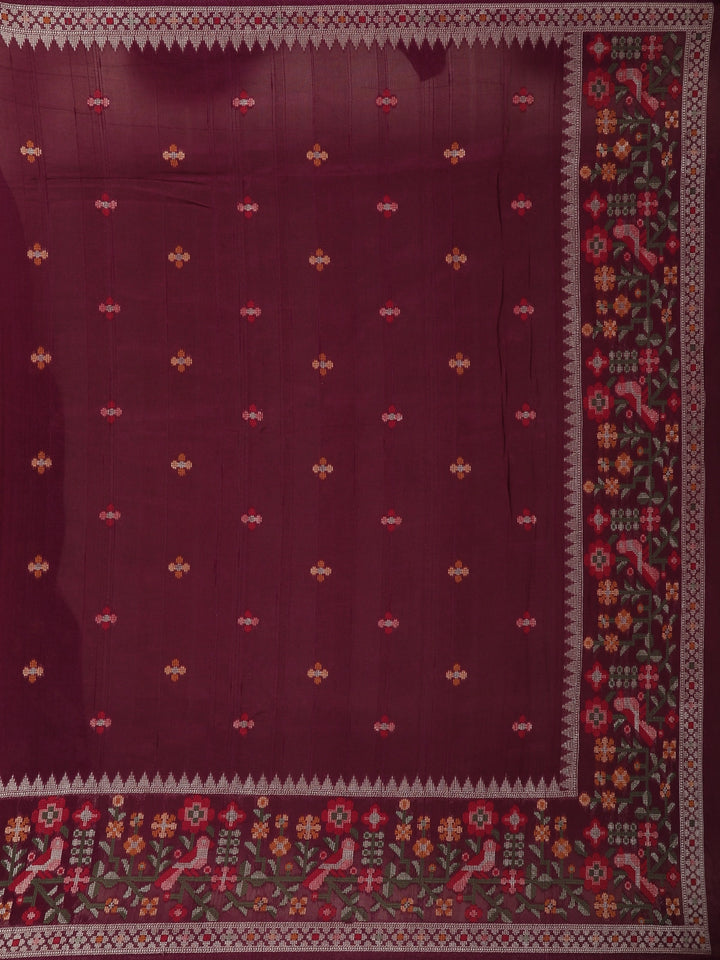 Dark Red Floral Designed Raw Silk Saree - Diadem