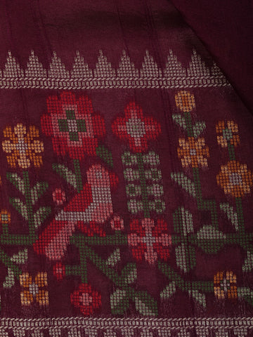 Dark Red Floral Designed Raw Silk Saree - Diadem