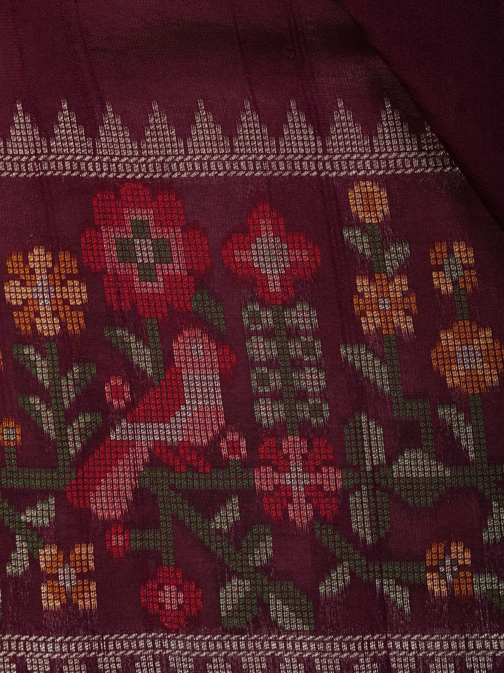 Dark Red Floral Designed Raw Silk Saree - Diadem