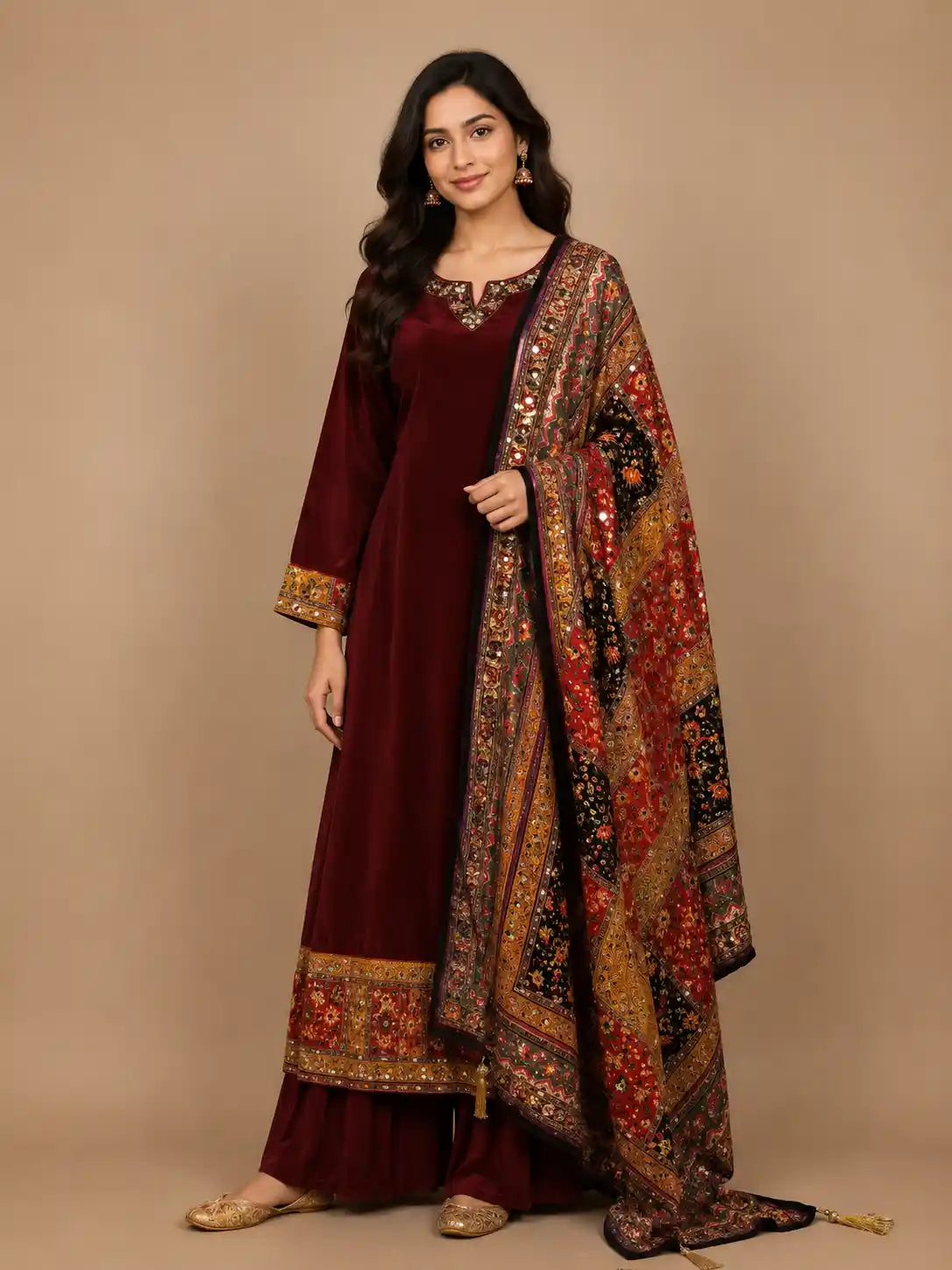 Dark Red Floral Designed Semi Silk Anarkali Salwar Suit